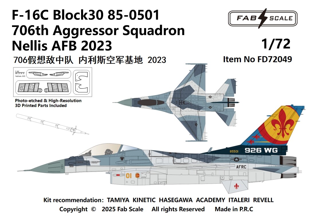 FAB FD72049 1/72 F-16C Block30 85-0501 706th Aggressor