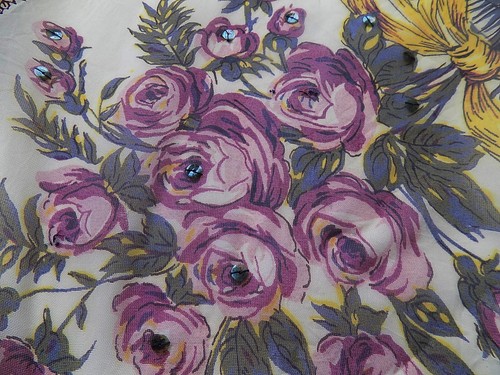 Vintage Sheer Silk Scarf Roses Embellished with Sequins 28 x 27 - Picture 3 of 6