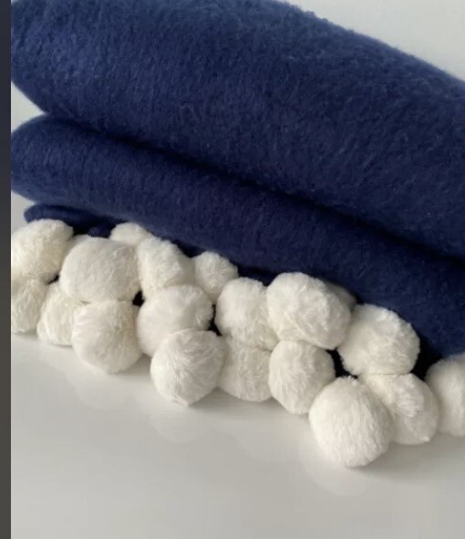 Laura Ashley Navy Pom Pom Throw Double 220x160 UK