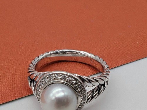 Anello rotondo David Yurman 8 mm perla e diamanti Albione argento sterling 925 taglia 7 - Foto 4 di 7