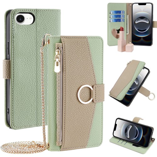For iPhone 16e Case Leather Wallet Card Holder Crossbody Strap Mirror Flip Cover