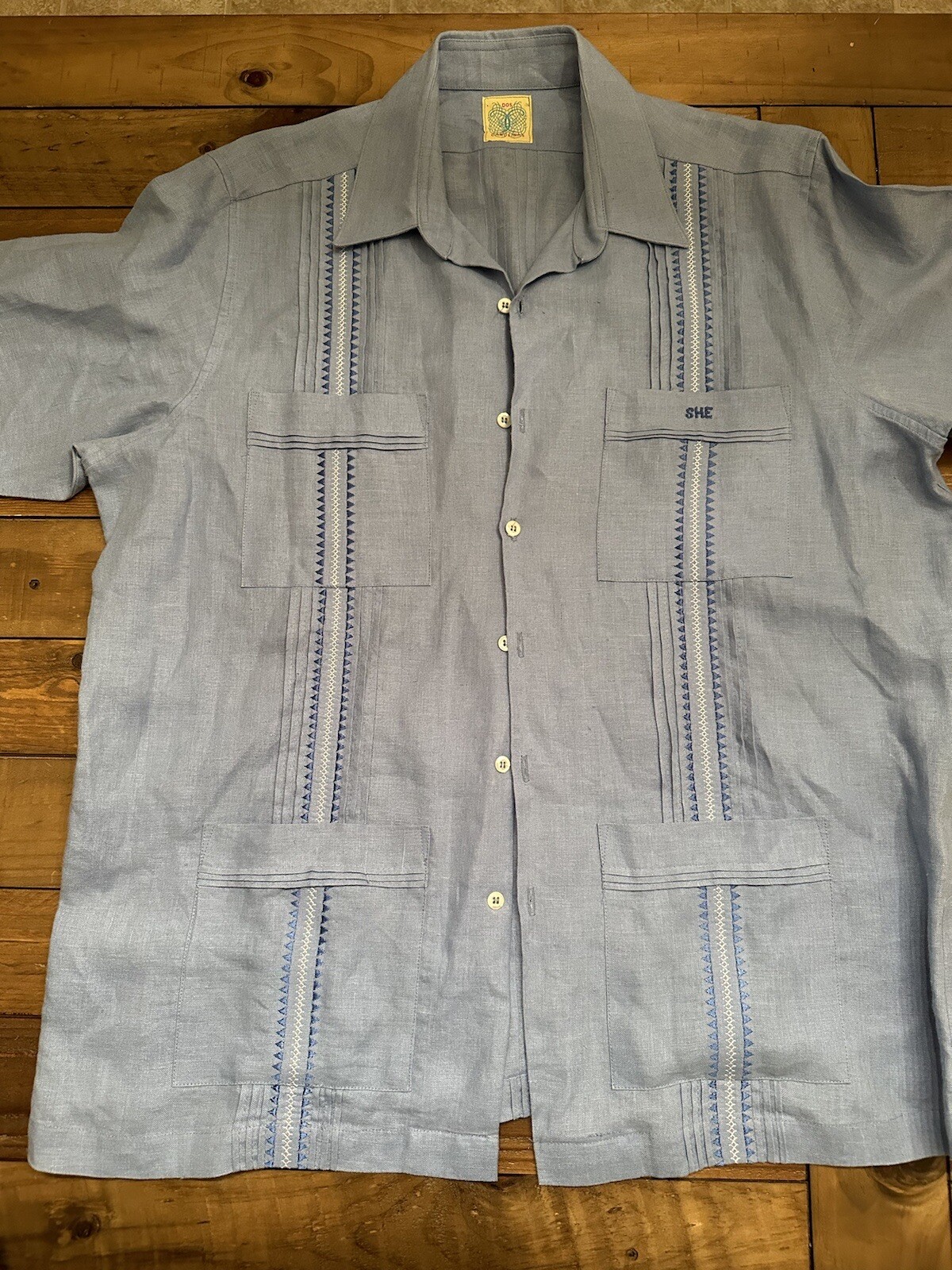 Vintage Dos Carolinas Guayabera Shirt Mens 2XL Blue Short Sleeve
