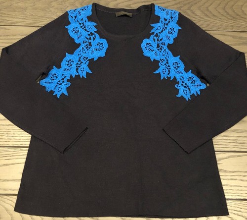 $129 J CREW Navy Blue/Blue Crochet Lace Appliques Pullover Merino Wool Sweater M - Picture 2 of 8