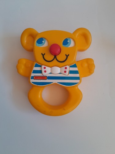 Vintage 1983 Matchbox 5.5" Yellow Plastic Teddy Bear Rattle Toy Baby Bow Tie - Picture 2 of 8