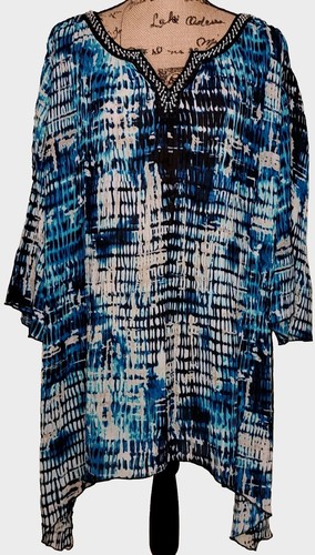 Túnica para mujer CATHERINES abstracta azul acanalada manga campana de polietileno con cuentas cuello en V 2X - Imagen 1 de 3