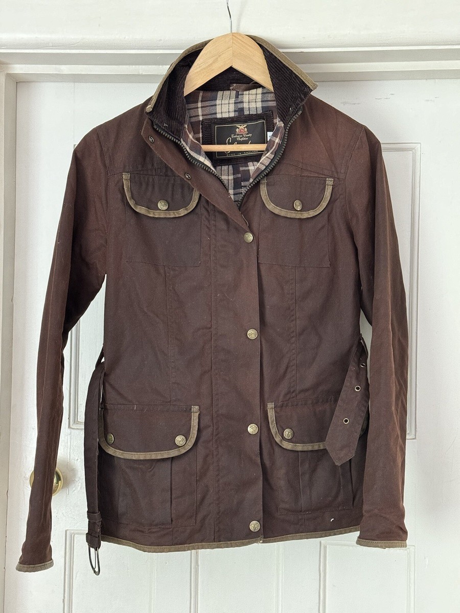 Elveden Squire Brown Waxed Cotton Jacket Belted Corduroy Collar Ladies Size 
