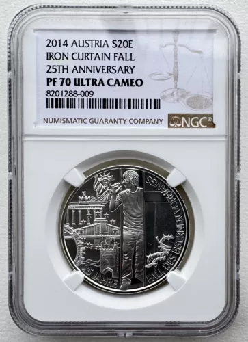 NGC PF70 Austria 2014 The Fall of the Iron Curtain Silver Coin 20 Euro 20g