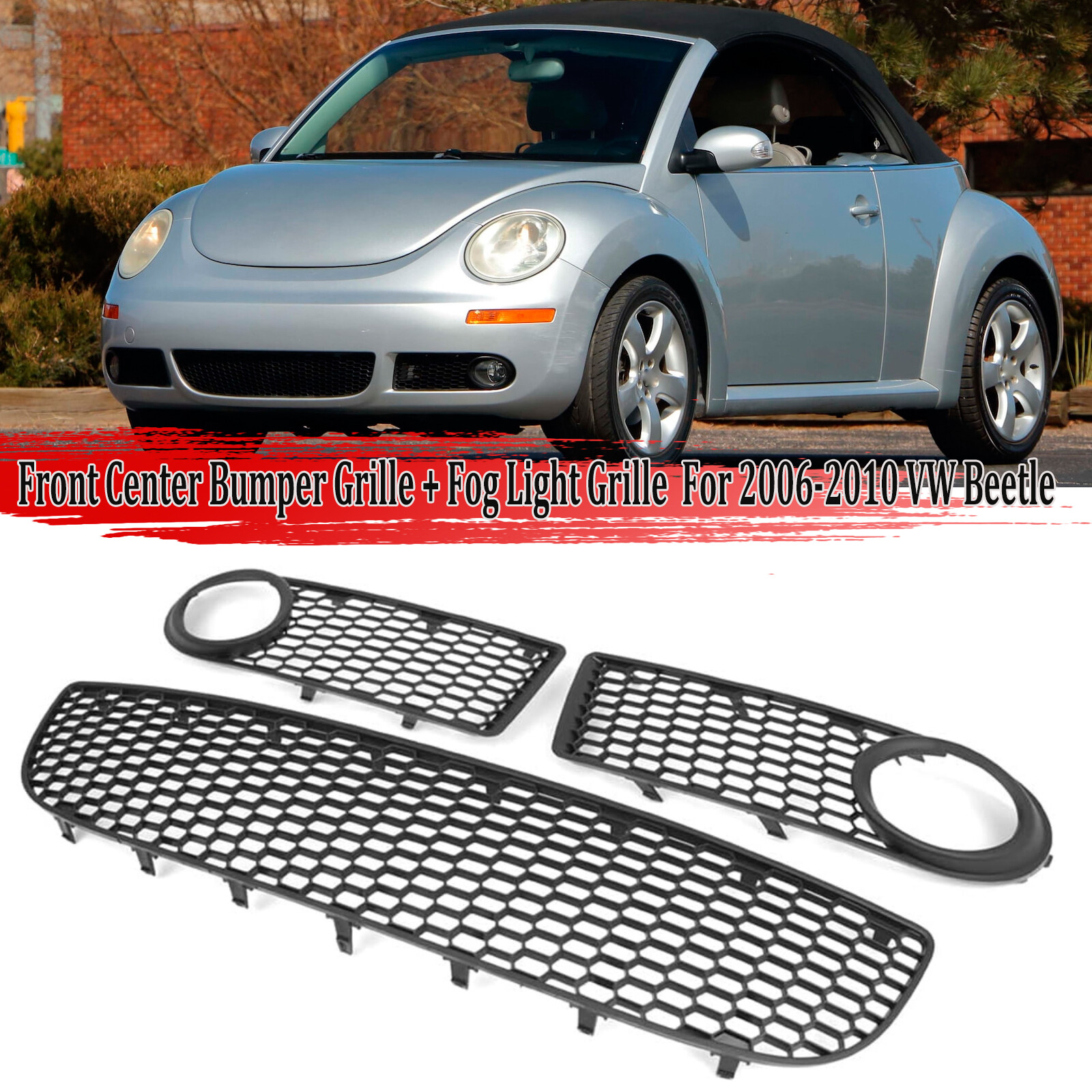 3ps Honeycomb Front Bumper Grille Black+Fog Light Grill For VW Beetle 2006-2010