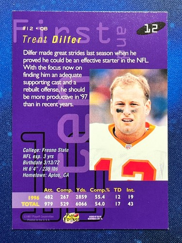 1997 Playoff First & Ten Football #12 Trent Dilfer Tampa Bay Buccaneers - Picture 2 of 2