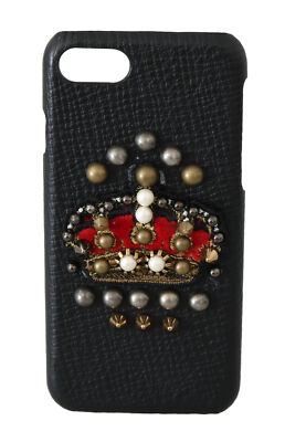 DOLCE & GABBANA Phone Case Cover Black Leather Crown Studs iPhone 7 RRP $500
