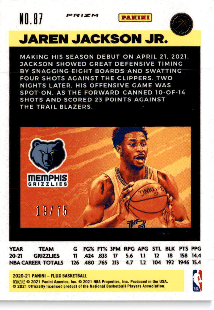 A 2020-21 Panini Flux #87 Jaren Jackson Jr. Supernova #/75 Memphis