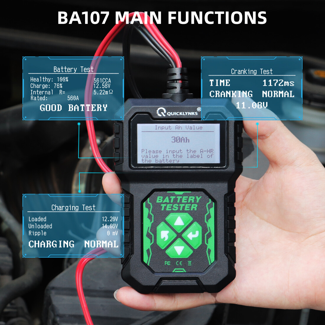 QUICKLYNKS BA107 Battery Load Tester 12V Car Battery Tester LCD Display 2000CCA