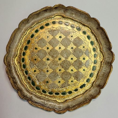 Vintage Italian Florentine Gold Gilt Tray, Ornate Hand Painted Wood Decor 9.75”