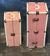 Set of TWO VINTAGE PINK METAL DOLL WARDROBE CLOTHING CARRY Trunks Small/Large