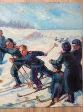 Vintage Oil Half Painting USSR Socialist realism Suvorov ski competition 1949
