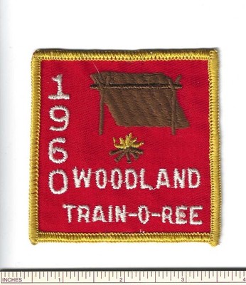 EY SCOUT BSA 1960 WOODLAND TRAIN-O-REE LEAN-TO FIRE TRAINING PATCH BADGE TR GAUZ