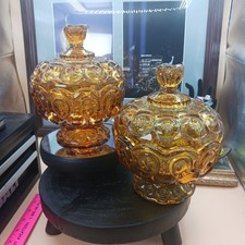 ONE Vintage L.E. Smith Glass Amber Moon  Star Compote Bowl Candy Dish w Lid
