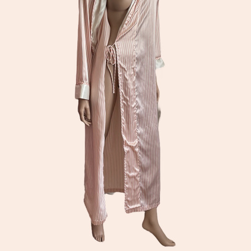 Vtg Victorias Secret Pink Ivory Stripe Robe Satin Long Size Small Dressing Gown - Picture 4 of 7