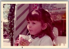 Vtg Color Snapshot Little Girl Drinking 7up Soda At Carnival Food Stand 1971