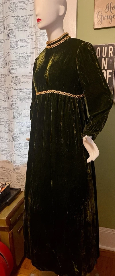 Винтажный 60-х годов Hi шеи хиппи завышенной талией бархата макси Кокетливое платье платье 38 L R & K - Изображение 3 из 4