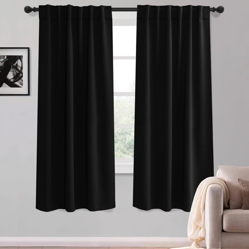 Black Blackout Curtains 63 inch Length, Room Darkening Thermal Insulated Nois...
