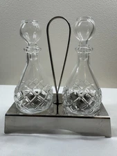 Vintage Glass Oil And Vinegar Cruet Set/Stainless Steel Stand- MADE IN CROATIA