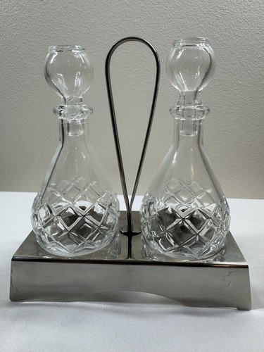 Vintage Glass Oil And Vinegar Cruet Set/Stainless Steel Stand- MADE IN CROATIA - Picture 1 of 24