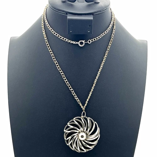 Vintage Silver Chain Long Necklace Round Open Work Pinwheel Swirl 3D Pendant 30” - product listing photo