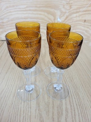 Cristal D'Arques Durand Amber Cut Glass Wine Goblets Diamond Pattern Set Lot 4