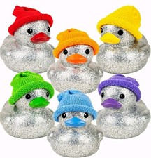 6pc 6-Inch Silver Glitter Rubber Ducks w/ Multicolor Knit Beanies Party Favors