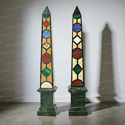 36'' two pcs Marble Obelisk gemstone inlaid home decor art & collectibles