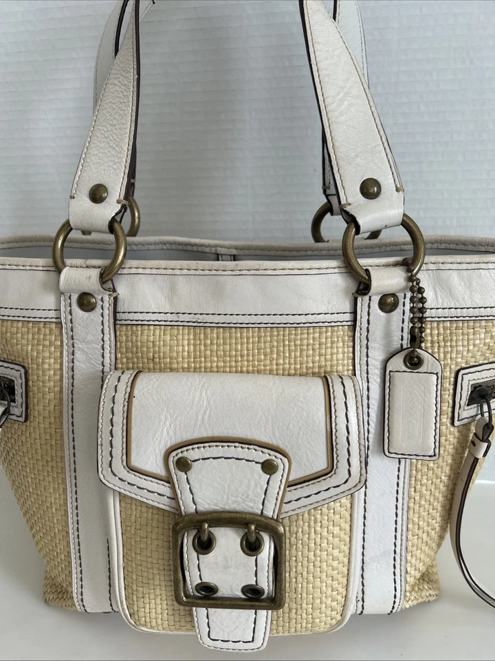 Coach Legacy  Leather Woven Straw  Shoulder  Bag Purse Color Off White - Image 2 of 4