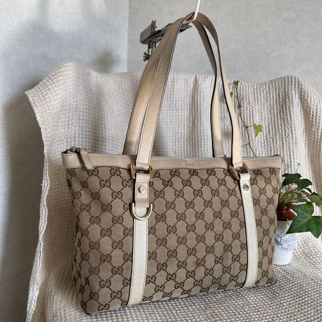 GUCCI Shoulder Bag GG Canvas Leather 141470 Off-White Zippered Duty Paid Used thumbnail 6