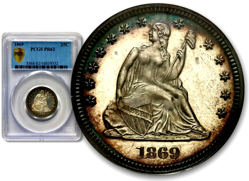 1869 25C Proof Seated Liberty Quarter - PCGS PR62 - Iridescent Blue Toning C1247