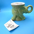 *VINTAGE ORIGINAL FRANKOMA 1981 GREEN GLAZED POTTERY COFFEE MUG - GOP ELEPHANT