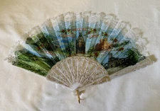 Vintage Gold Etched Decorative Folding Hand Fan with Lace Edge Tindari Sicily