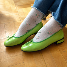 Vintage 80s French Patent Ballet Flats Lime Green Bow Heel EU39 US8