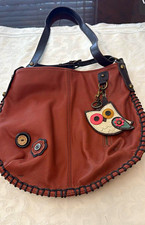 Chala Brown Pebbled Leather Owl Applique Hobo Bag, Zip, Polka Dot Lining