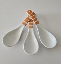 Asian Soup Spoons Set of Three Noodle Miso Rice White / Orange Stripe