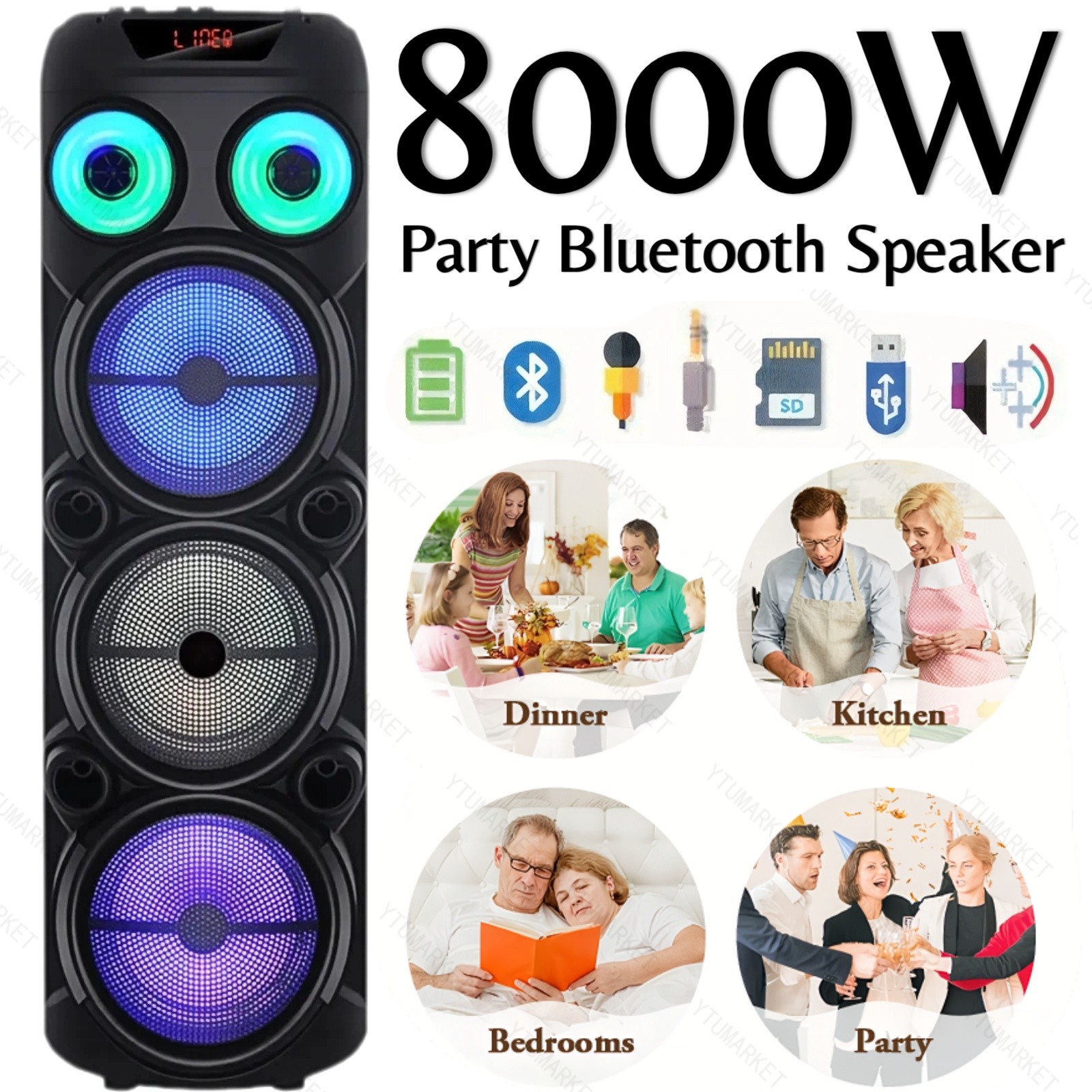 8000W Portable Party Bluetooth Speaker Triple 8" Woofer Loud Stereo Bass w/ Mic