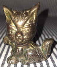 VTG MCM SOLID BRASS SITTING CAT KITTEN w/BOW 3" PAPERWEIGHT FIGURINE STATUE