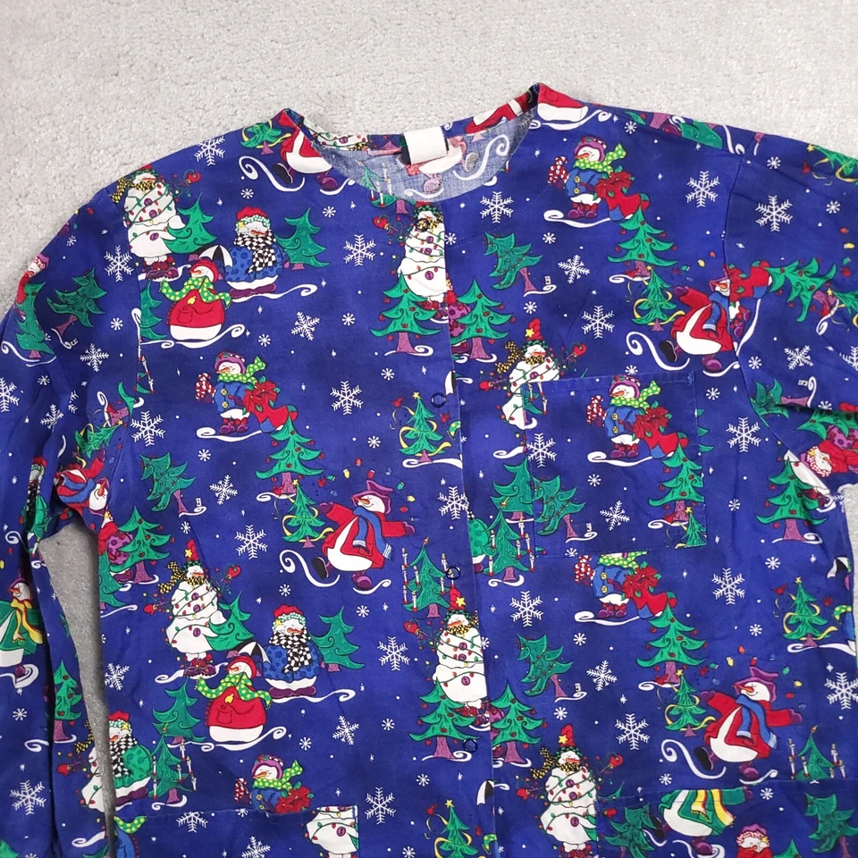 Vtg Barco Scrub Shirt Women's Small Blue Long Sleeve Snowman Winter Snap Pockets - Image 3 of 4