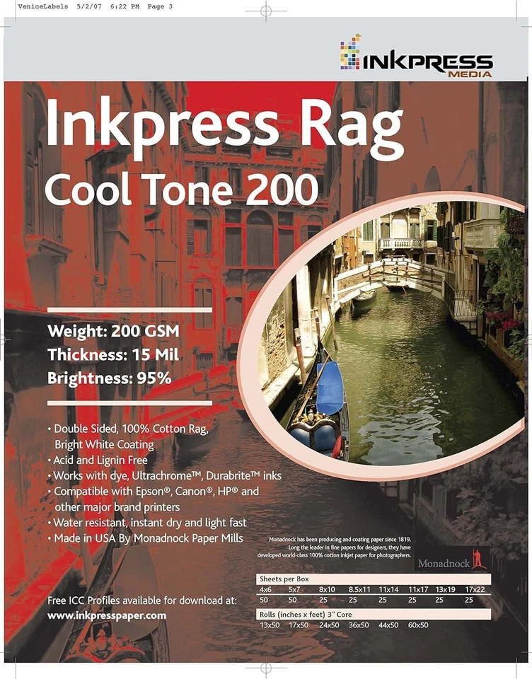 Inkpress Rag Cool Tone 200 Matte Fine Art Paper (11x14"), 25 Sheets Double-Sided - Image 2 of 2
