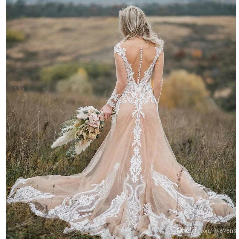 Champagne Mermaid Country Wedding Dress Applique Lace Long Sleeve