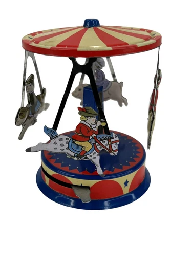 VTG 1999 Schylling Tin Carousel Toy with Rabbit Dog Pig Horse and Children