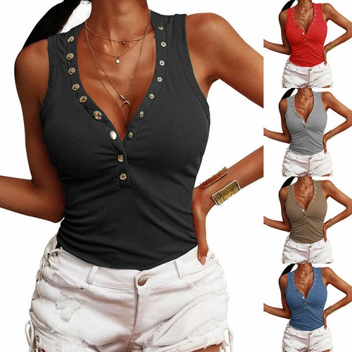 Women Sleeveless V Neck Tank Tops Camisole Casual Loose T Shirt Blouse Vest Tee - Picture 1 of 16