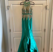 Formal/ Prom/ Ball Gown Green and Gold High Neck Beaded Dress. Size 4