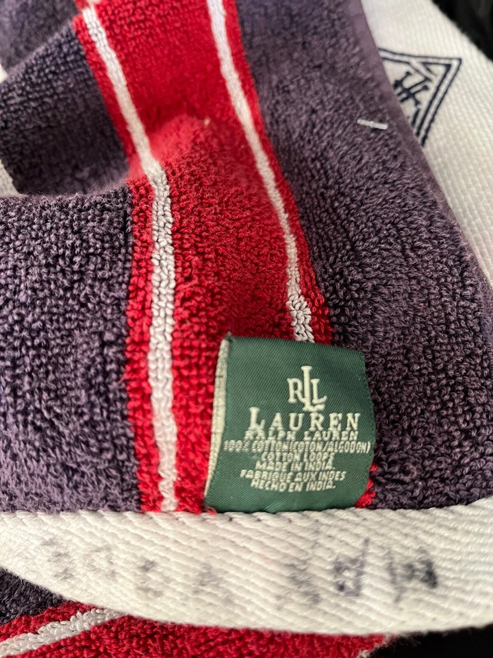 Vintage Ralph Lauren Striped Plush Bath Towels Purple Red LRL Monogram 2 - Image 3 of 4