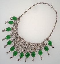 Vintage Egyptian Revival Silver Tone Necklace with Green Glass Dangles 