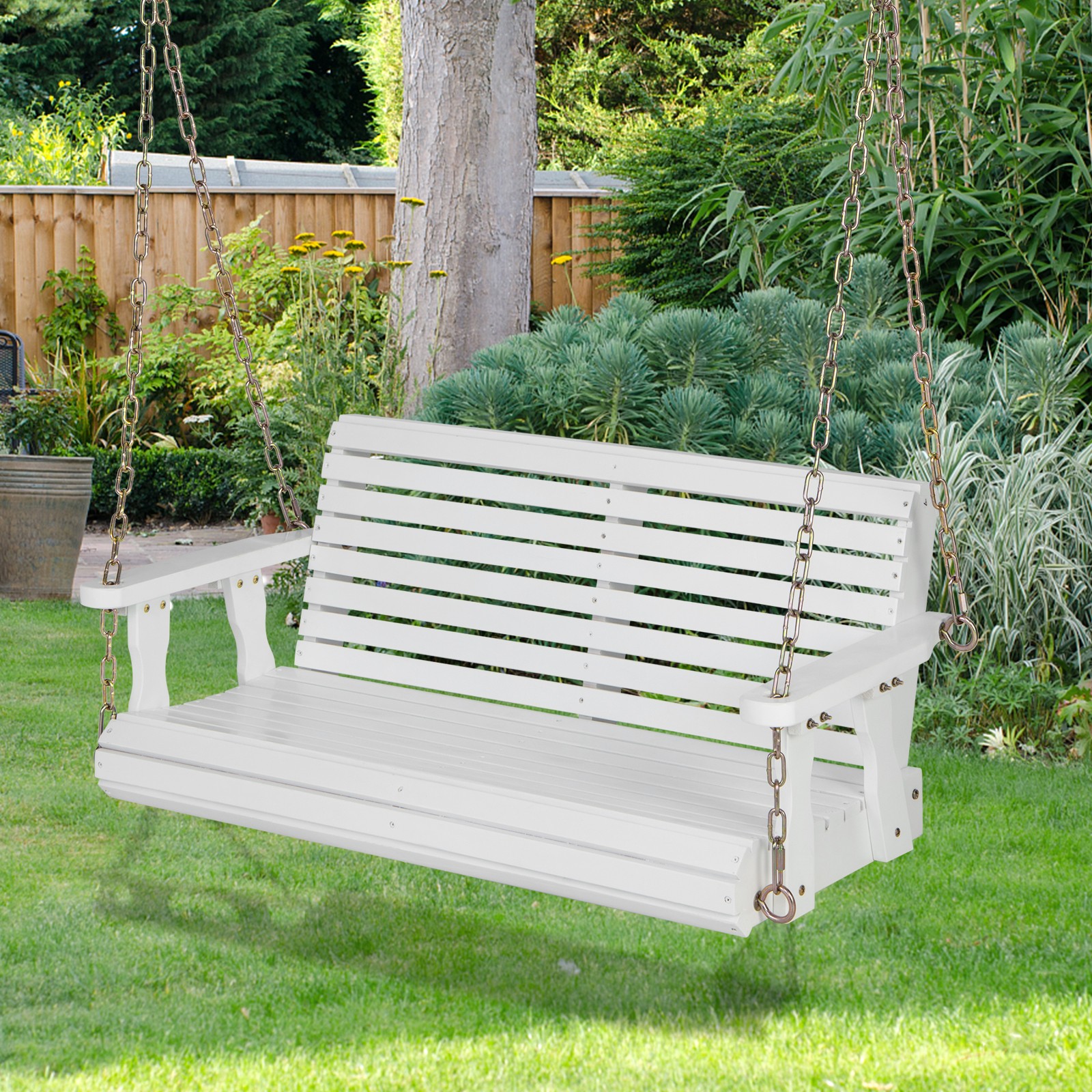 Porch Swing Wood Outdoor Patio Hanging Bench Chair for Garden Backyard White
